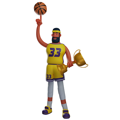 3D Basketball Athlete Cartoon Picture with a ball and trophy
