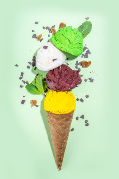 Colorful ice cream in waffle cones