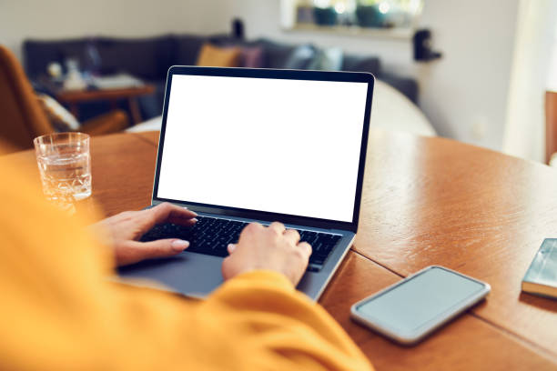 istock Picture of woman using laptop with blank screen while working at home office 1395474864