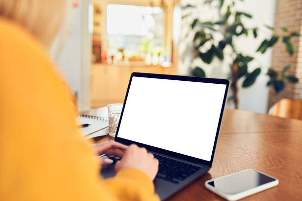 istock Closeup picture of woman using laptop with visible blank screen while working at home office 1395474883