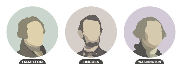 ilustraciones, imágenes clip art, dibujos animados e iconos de stock de george washington, abraham lincoln y alexander hamilton, políticos y presidentes de los estados unidos de américa. retratos vectoriales estilizados sobre fondo blanco - founding fathers