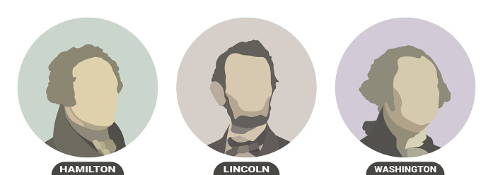 George Washington, Abraham Lincoln and Alexander Hamilton, politicians and Presidents of the United States of America. Stylized vector portraits on white background