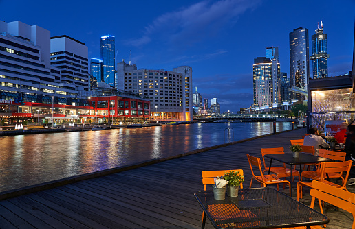 MELBOURNE, AUSTRALIA - OCT 26, 2019 : The Yarra River and the Melbourne city at night