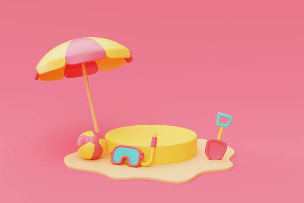 istock 3d rendering of summer vacation concept with beach umbrella and summer elements,minimal style.3d render. 1395480931