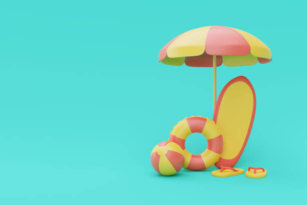 istock 3d rendering of summer vacation concept with Surfboard and summer elements,minimal style.3d render. 1395480961