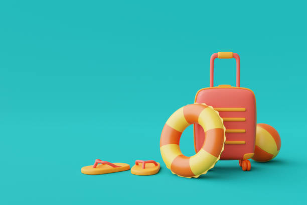istock 3d rendering of summer vacation concept with suitcase and colorfull summer elements,minimal style.3d render. 1395480983