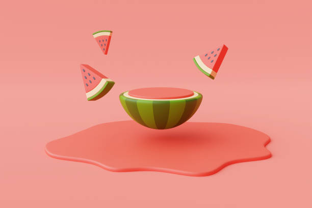 3d rendering of watermelon isolated on red background,summer vacation concept,summer elements,minimal style.3d render.