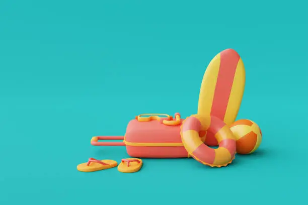 3d rendering of summer vacation concept with suitcase and colorfull summer elements,minimal style.3d render.