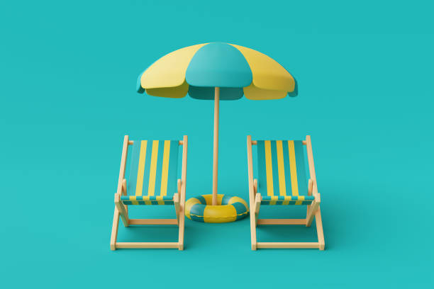 istock 3d rendering of summer vacation concept with beach chair,umbrella and summer elements isolated on blue background,minimal style.3d render. 1395481086