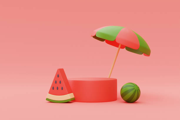 istock 3d rendering of watermelon isolated with podium display on red background,summer vacation concept,summer elements,minimal style.3d render. 1395481104