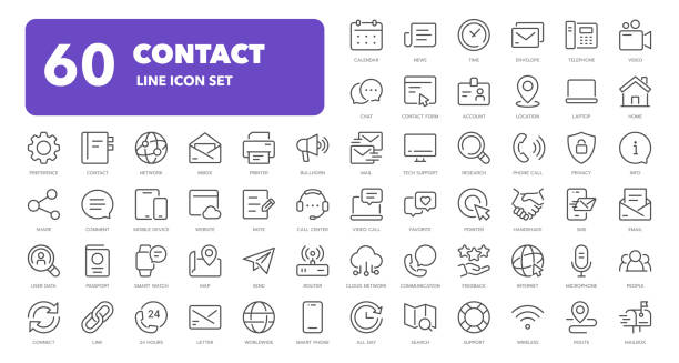 ilustraciones, imágenes clip art, dibujos animados e iconos de stock de iconos de línea de contacto. trazo editable. píxel perfecto. - stroking