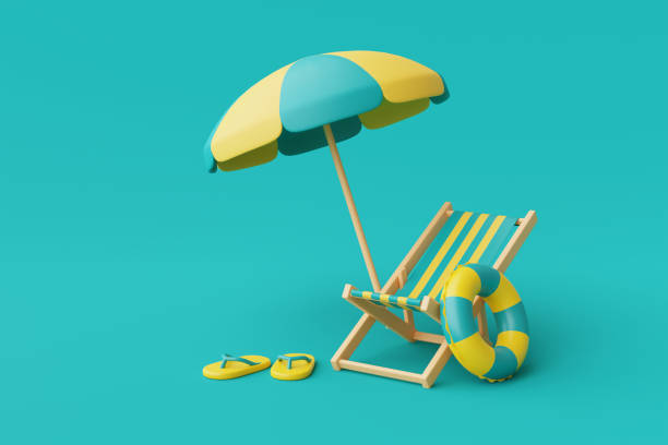istock 3d rendering of summer vacation concept with beach chair,umbrella and summer elements isolated on blue background,minimal style.3d render. 1395481150