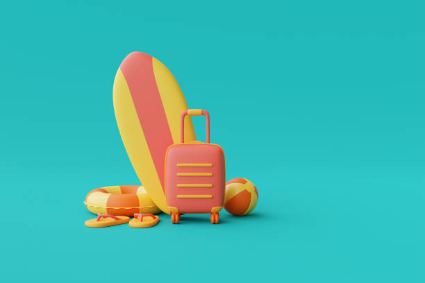 istock 3d rendering of summer vacation concept with suitcase and colorfull summer elements,minimal style.3d render. 1395483986