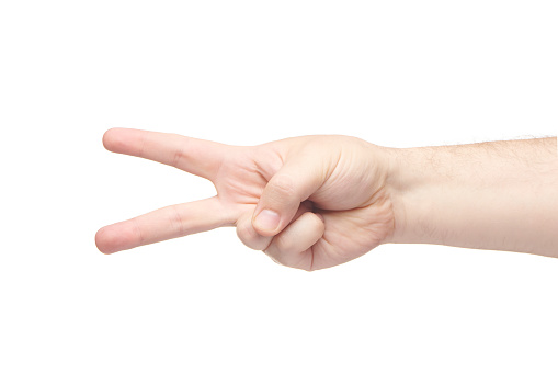Male hand with two fingers up isolated on white background. Brutal man's index and middle finger showing victory gesture. Finger gestures.