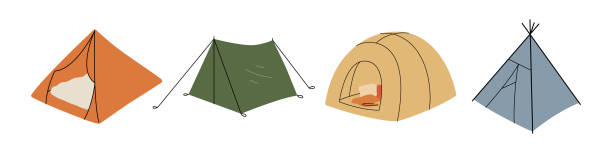 キャンプテントのベクトル。キャンプを設営する。ハイキング, 休日の旅行, ピクニック, 野生でのサバイバル, 釣り, 地元の旅行, トレッキング, アウトドアレクリエーションコンセプト. - キャンプ　準備点のイラスト素材／クリップアート素材／マンガ素材／アイコン素材