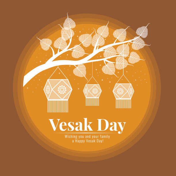 ilustrações, clipart, desenhos animados e ícones de vesak day banner lanternas brancas vesak pendurados sob bodhi ramo e estrela em círculo amarelo no design vetorial de fundo marrom - buddhist festival