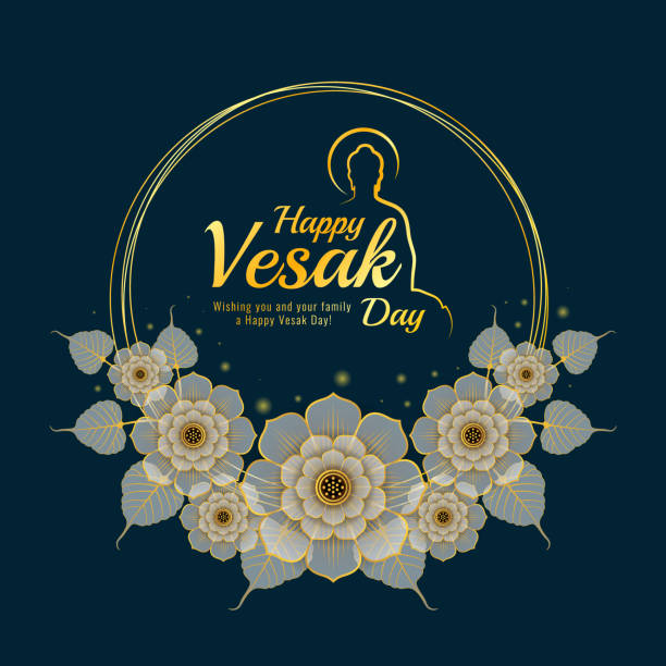 happy vesak day gold text and abstract line buddha sign in abstract gold white lotus and bodhi leaf around circle frame on dark blue background vector design happy vesak day gold text and abstract line buddha sign in abstract gold white lotus and bodhi leaf around circle frame on dark blue background vector design vesak day stock illustrations