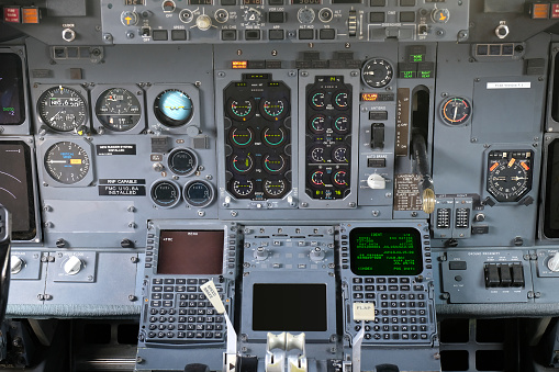 Empty flight deck of a 787 dreamliner in daytime. Cockpit.
