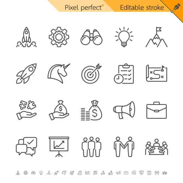 Vector illustration of Startup thin icons. Pixel perfect. Editable stroke.