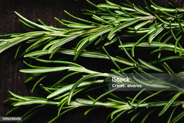 Organic Bunch Of Rosemary On Wooden Background Stock Photo - Download Image Now - Rosemary, Macrophotography, Cutting Board