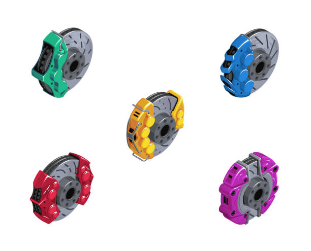 Brake Clipart of brake disks. Set of brakes in isometrics. Game style of different brakes. Detail of the wheel hub. Sports brakes of different colors. Brake discs. Vector illustration EPS 10 brake stock illustrations