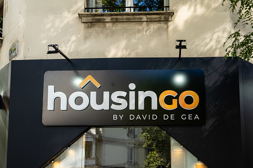 Madrid, Spain - October 10, 2021: Housingo Real Estate Agency by footballer David de Gea in Serrano Streeet in Salamanca Neighborhood