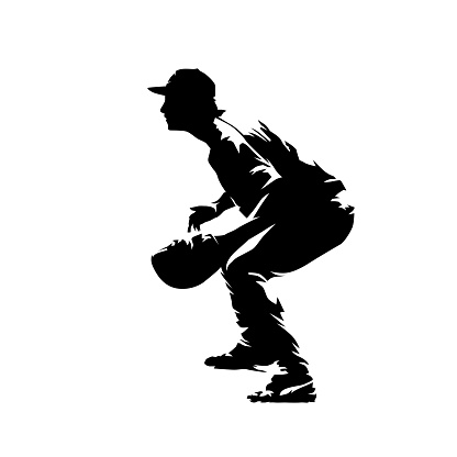 Baseball catcher waiting for ball, side view. Isolated vector silhouette, comic ink drawing