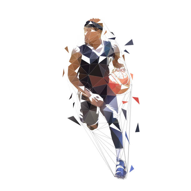 Basketball player running with ball, dribbling. Isolated vector low polygonal illustration, front view. Basketball point guard, geometric style vector art illustration