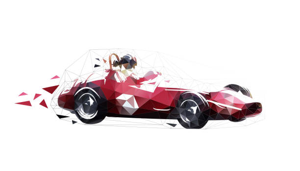 ретро гоночный автомобиль, низкоугольная изолированная векторная иллюстрация. геометрический рисунок красного старого автомобиля формул - низкий гонщик stock illustrations