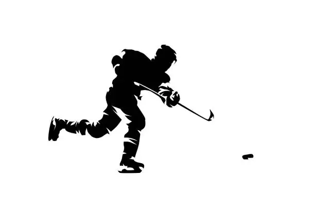 Vector illustration of Hockey player shooting puck, ink drawing. Isolated vector silhouette. Ice hockey