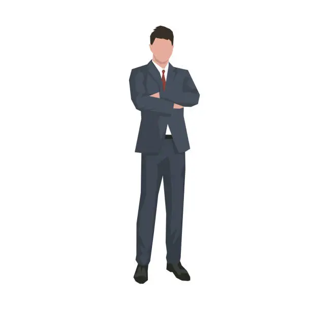 Vector illustration of Businessman standing with folded arms in dark suit, flat design geometric isolated vector illustration.