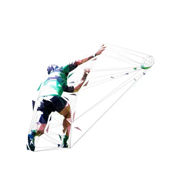 Vector illustration of Rugby player passing ball, rear view. Isolated low polygonal vector illustration