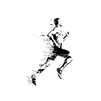 Running man, isolated vector silhouette, grungy style. Run