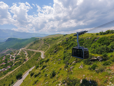 View of the air tram `Wings of Tatev` in the spring. Armenia