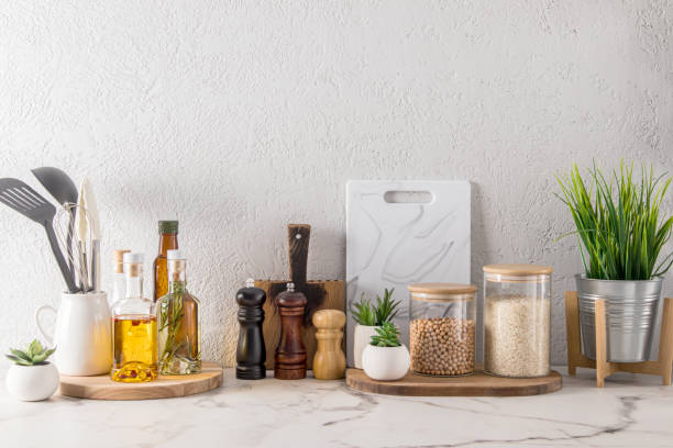 istock stylish white kitchen background with utensils and containers for storing various spices and products. Pernd plan, place to copy. 1395496847