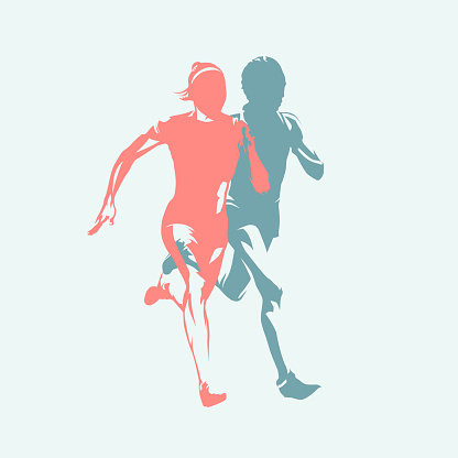 Running women, two girls running together, isolated vector silhouettes