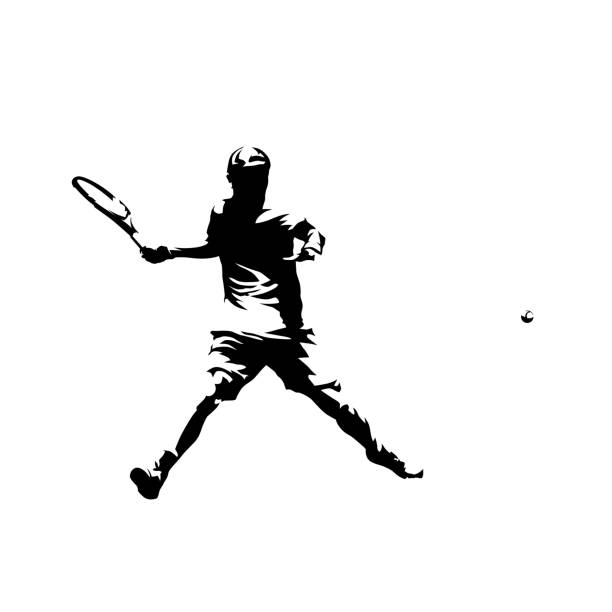 illustrations, cliparts, dessins animés et icônes de coup droit du joueur de tennis, silhouette vectorielle isolée. dessin à l’encre de bande dessinée - tennis silhouette playing forehand