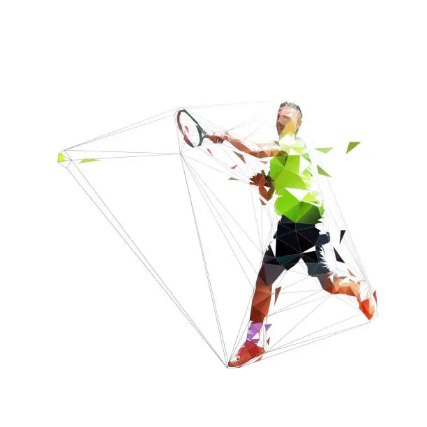 Vector illustration of Tennis player forehand shot, isolated vector silhouette. Low polygonal vector drawing. Geometric illustration