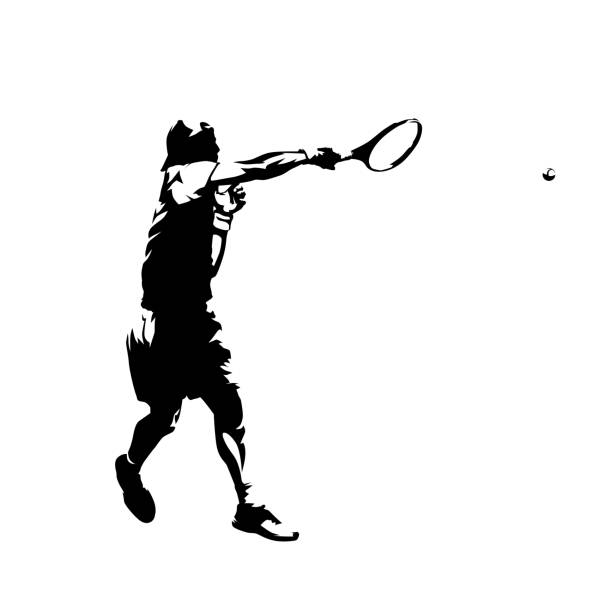 illustrations, cliparts, dessins animés et icônes de coup droit du joueur de tennis, silhouette vectorielle isolée. dessin à l’encre de bande dessinée - tennis silhouette playing forehand