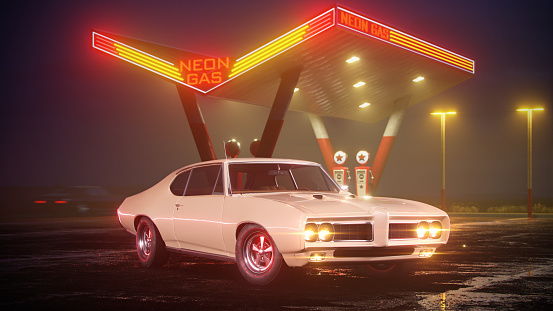 Neon gas station and retro car. Vintage cyberpunk auto. Fog rain and night. Color vibrant reflections on asphalt. 3D illustration.