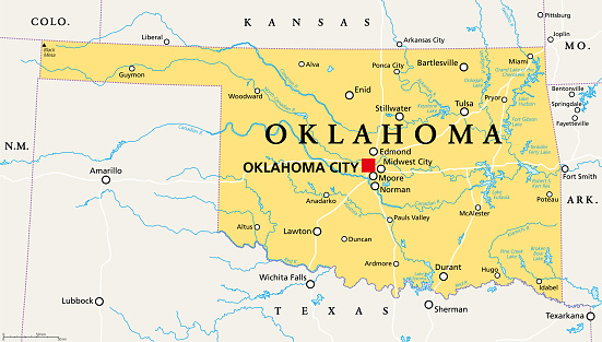 Oklahoma, OK, political map with capital Oklahoma City, important cities, rivers and lakes. US State in the South Central region, nicknamed Native America, Land of the Red Man, or Sooner State. Vector