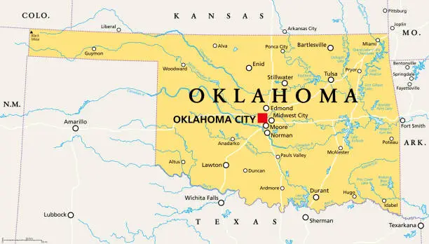 Vector illustration of Oklahoma, OK, political map, US state, nicknamed Native America