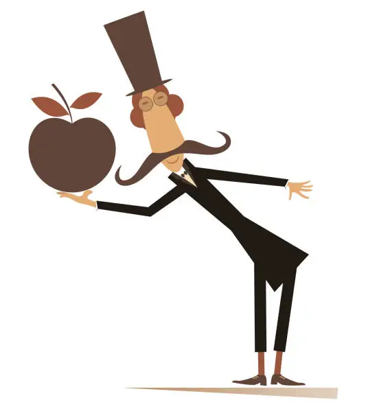 Vector illustration of Cartoon man in the top hat holds a big apple