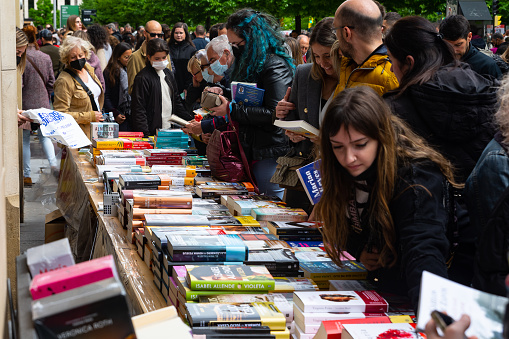 Zaragoza, Aragon, Spain. April 23, 2022: People visiting the Zaragoza book fair