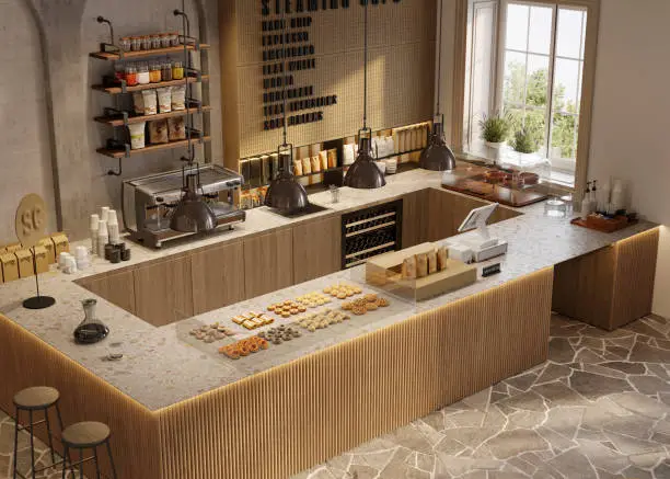 Photo of 3d rendering coffee shop kitchen