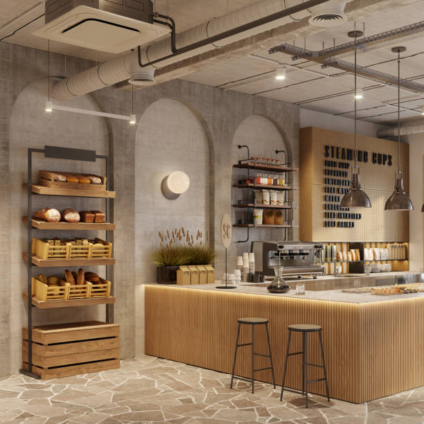 Interior of a contemporary coffee shop kitchen in 3D. Computer generated image of cafe lounge restaurant kitchen.