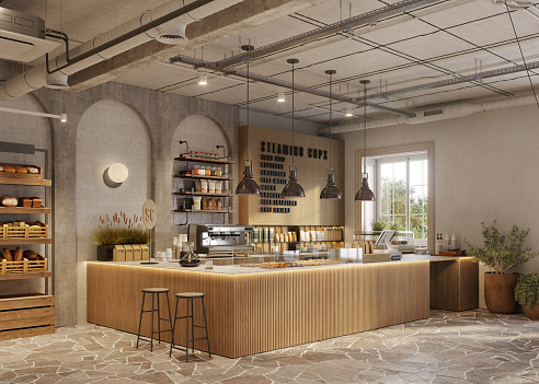 Interior of a contemporary coffee shop in 3D. 3d rendering coffee shop and cafe lounge restaurant kitchen.