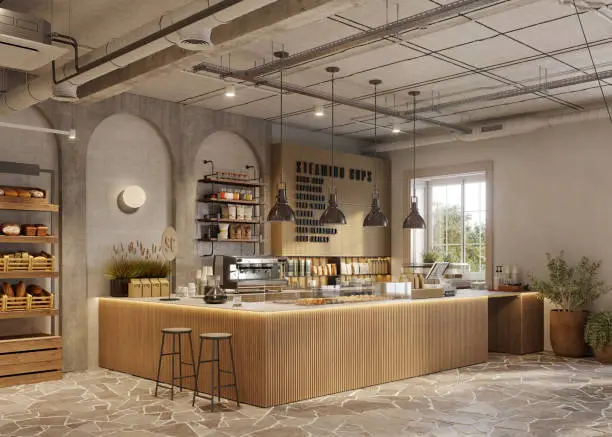 Photo of Interior of a contemporary coffee shop in 3D