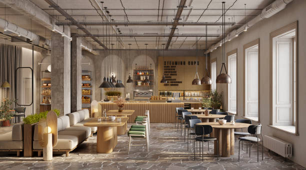 interior of modern cafe with beautiful furniture - cafe bar imagens e fotografias de stock