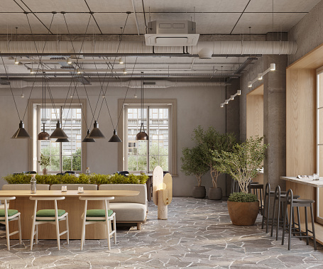 Interior design of coffee shop with plants in 3d. Bar interior with a concrete floor wooden tables and chairs and hanging lights.
